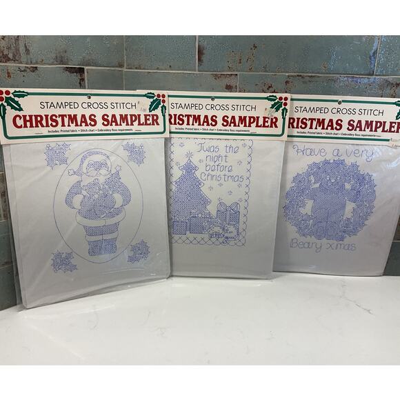 VTG Bucilla Stamped Cross Stitch Christmas Sampler Set of 3 - Picture 1 of 4